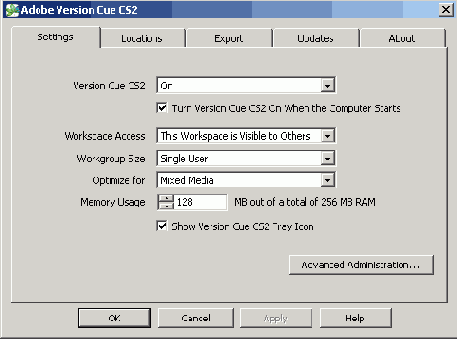 Включение функциональных возможностей Version Cue
